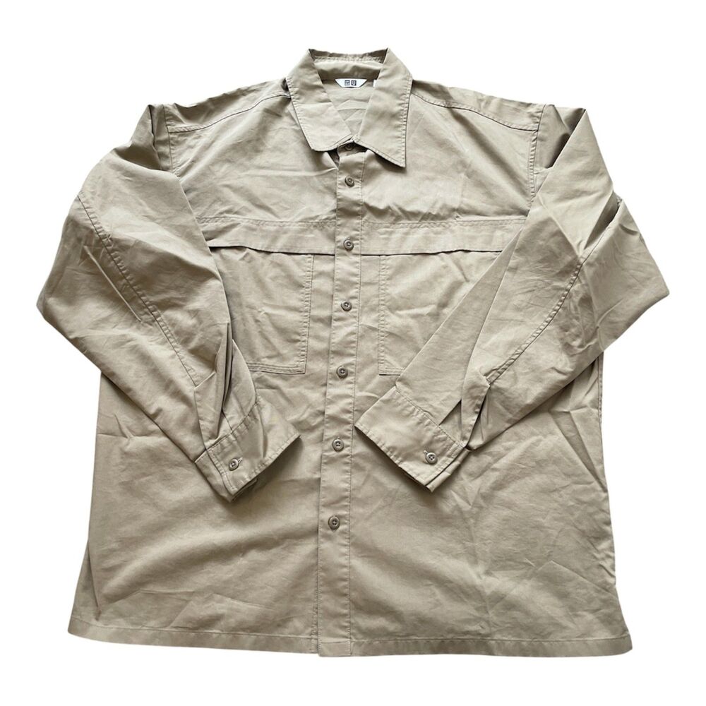 Uniqlo Mens Button Down Sz L Utility Workwear Capsule Minimalist Neutral Tan
